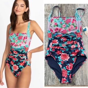 NWT Johnny Was Japer Ruched One-Piece Swimsuit in Floral Multi